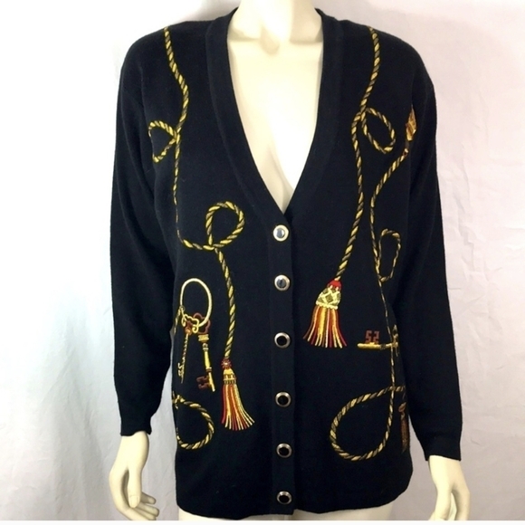 Vtg 90s Cardigan Black Sweater W/ Rope & Keys maximalist Embroidered Design Sz M - Picture 8 of 11